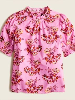 NWT J. Crew pink floral smocked puff sleeve marigold high neck blouse size small